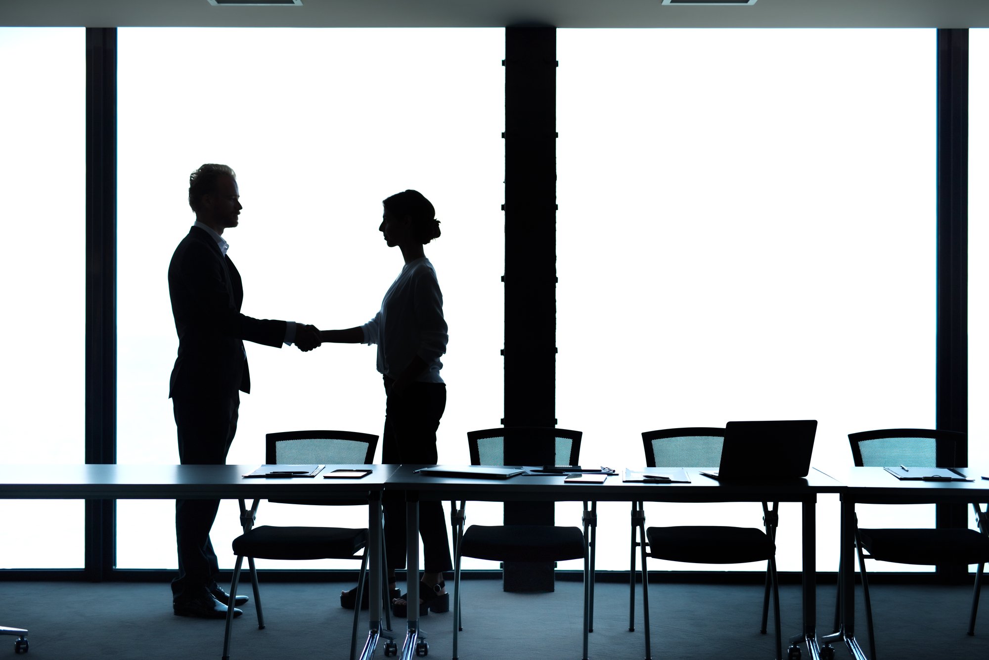Business handshake of businessman and businesswoman. Concept of teamwork and partnership