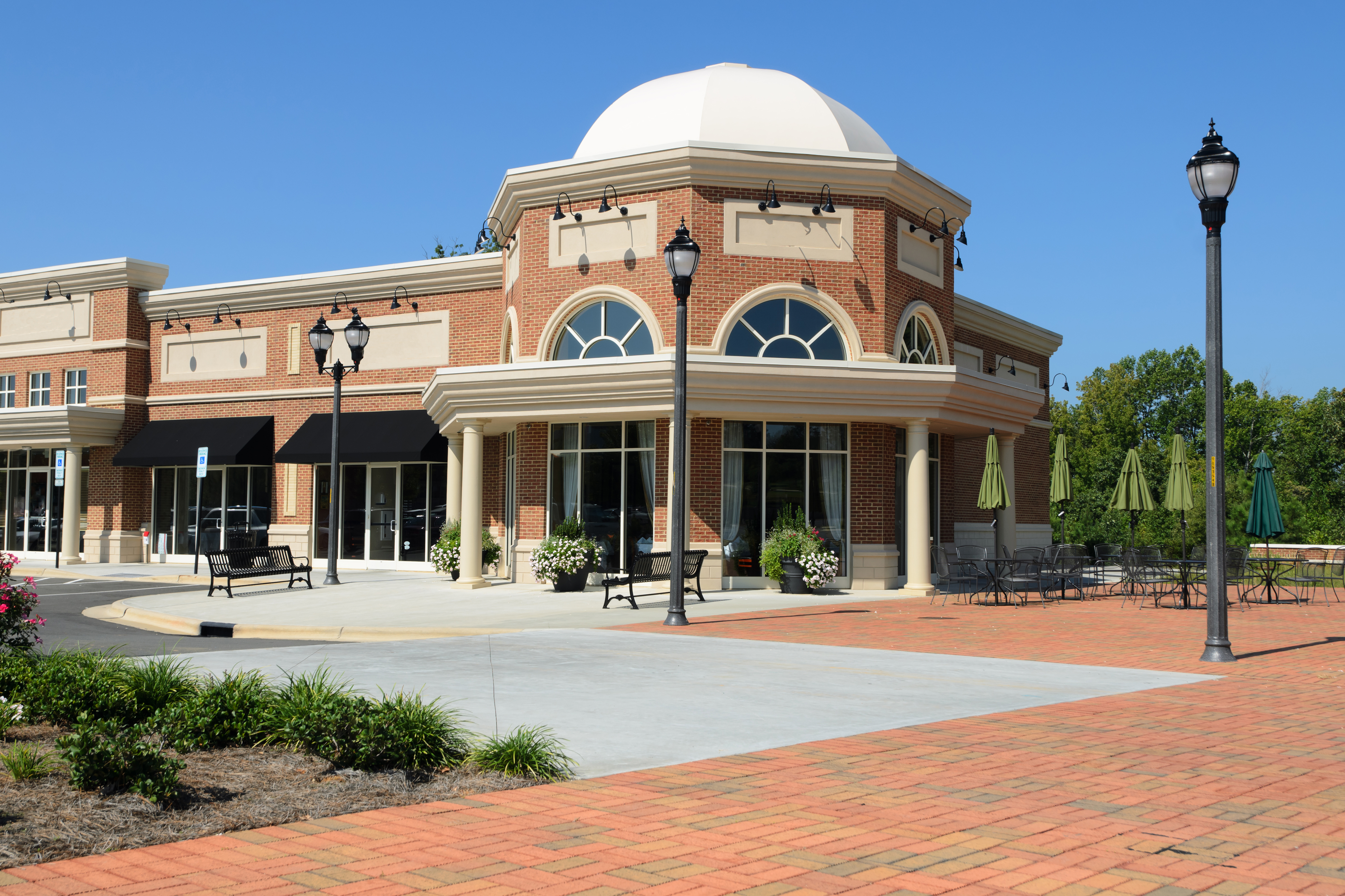 Commercial shopping center and restaurant. 