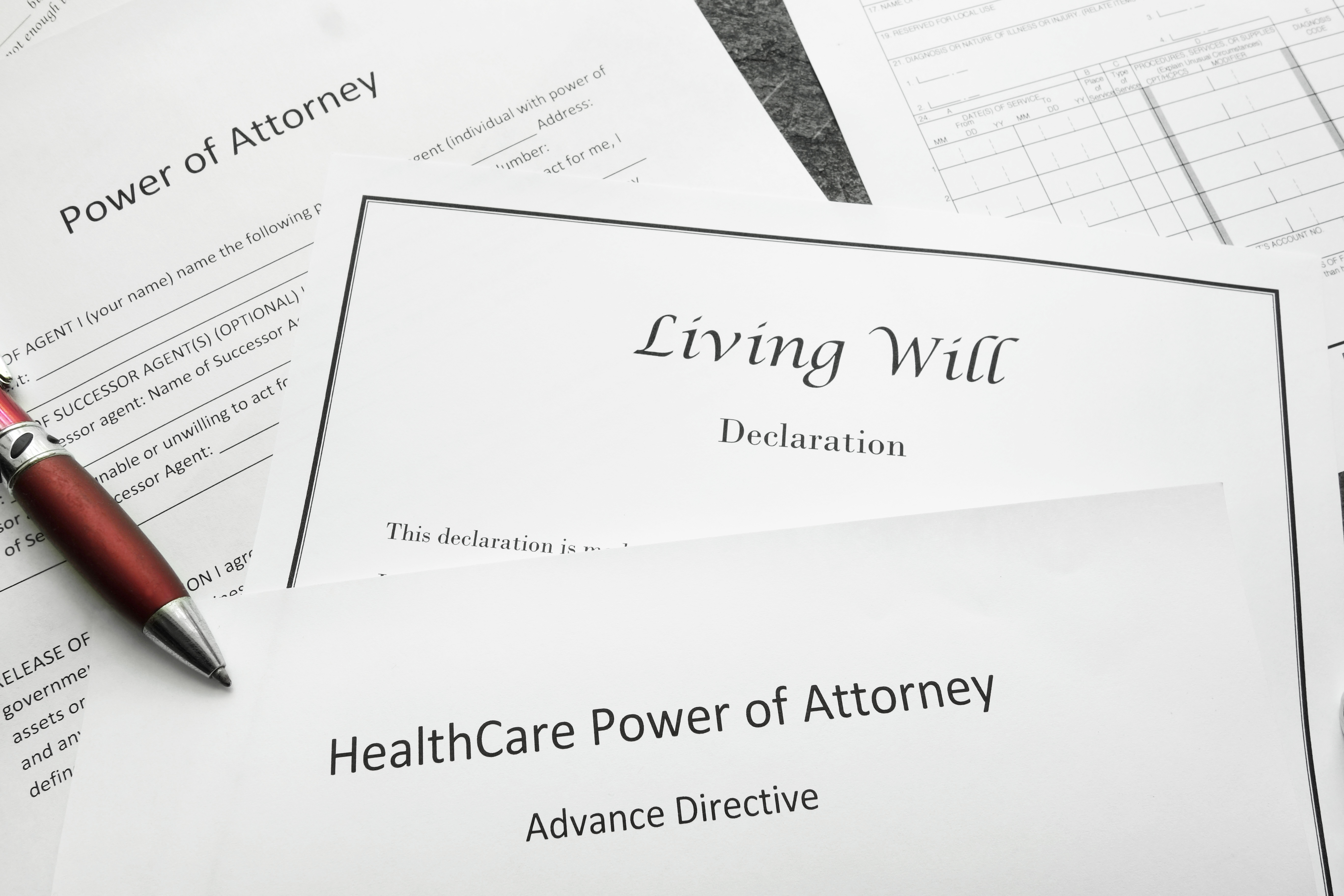 Power of Attorney, Living Will, and Healthcare Power of Attorney documents